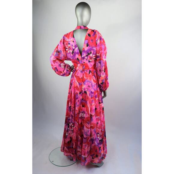 Vintage 1970s Red Pink Purple Chiffon Floral with Keyhole Cutout Small - Picture 7 of 10